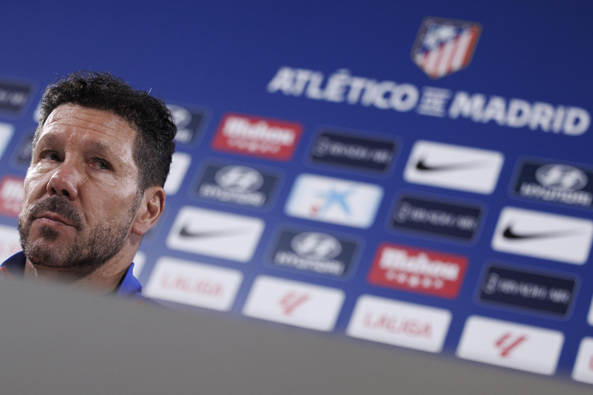 Simeone, en la rueda de prensa de este viernes. EFE/ Sergio Pérez