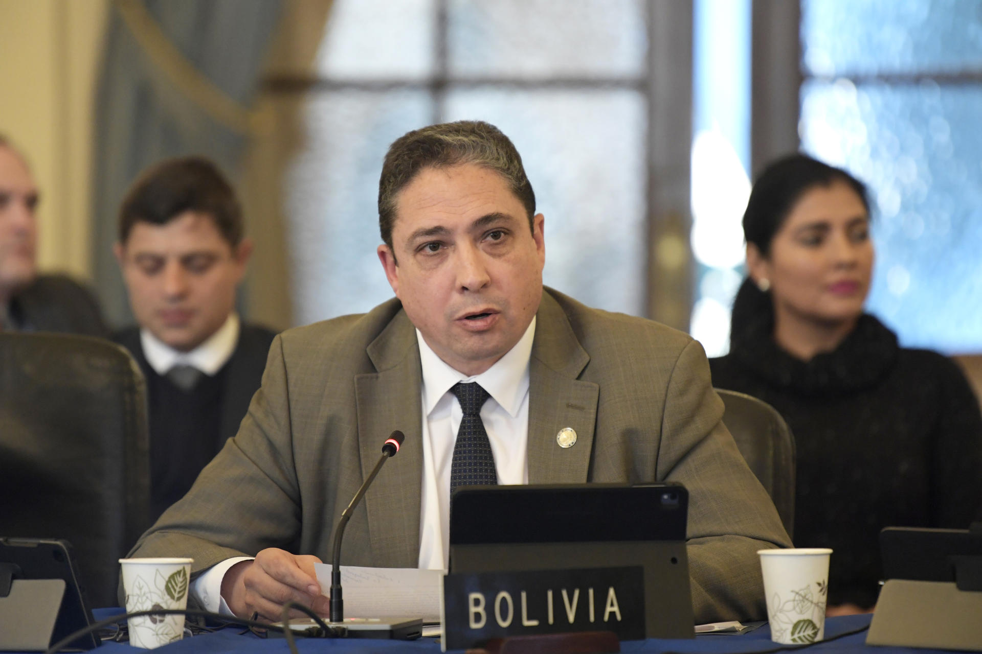 Fotografía de archivo del 18 de enero de 2023 del entonces representante permanente de Bolivia ante la Organización de los Estados Americanos (OEA), Héctor Arce, durante una reunión del Consejo Permanente en la sede del organismo en Washington (Estados Unidos).EFE/ Lenin Nolly