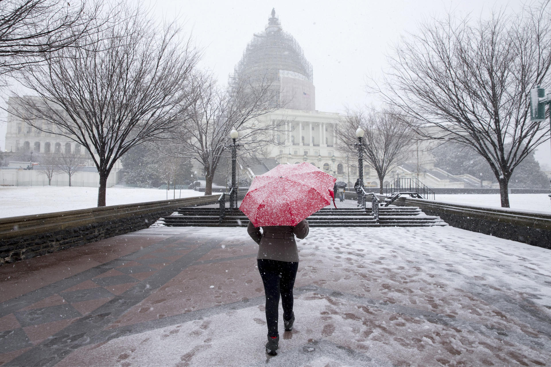 Fotografía de archivo de una mujer en medio de la nieve frente al Capitalio, el 05 de marzo de 2015. EFE/MICHAEL REYNOLDS