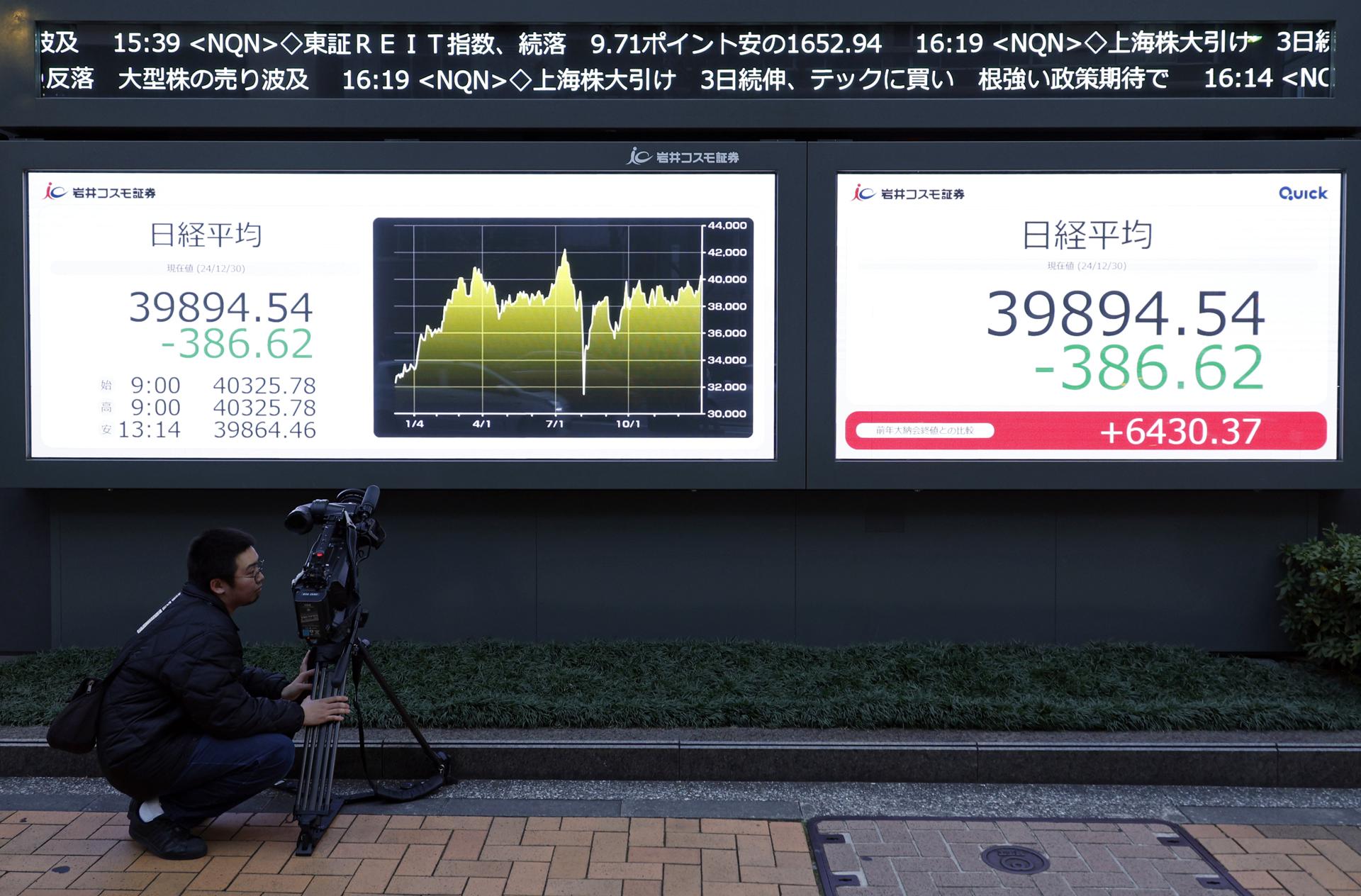 Fotografía de archivo de un camarógrafo que filma un tablero indicador del mercado de valores en Tokio, Japón, el 30 de diciembre de 2024.EFE/EPA/Franck Robichon