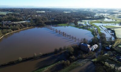 An aerial photograph taken with a drone of flooding to fields surrounding the collapsed Bridgewater Canal in Little Bollington, Britain, 02 January 2025. The canal collapsed during heavy rainfall in northern Britain on New year'Äôs Day. (Reino Unido) EFE/EPA/ADAM VAUGHAN