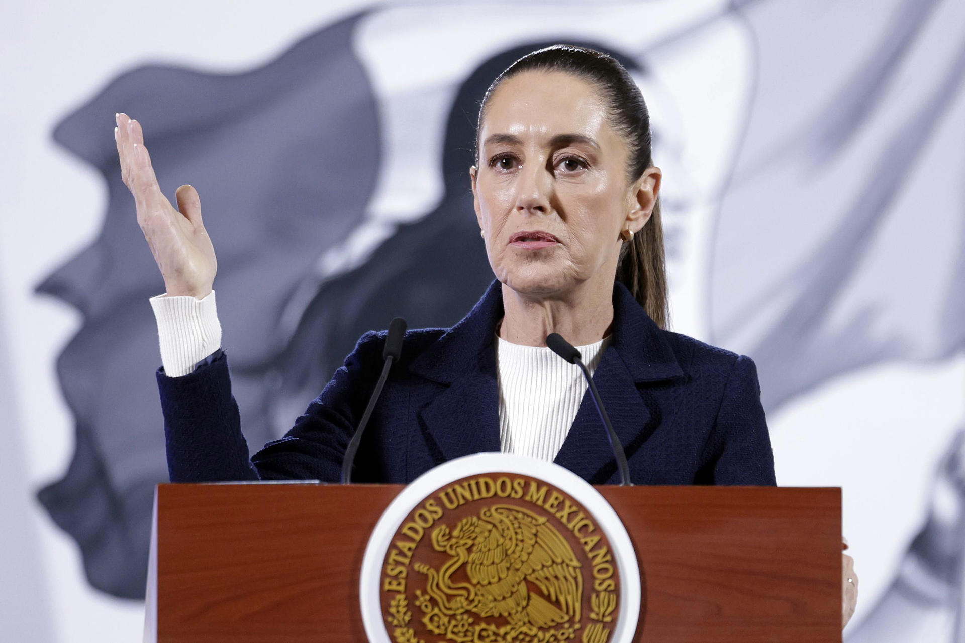 La presidenta de México, Claudia Sheinbaum, participa en una rueda de prensa en Palacio Nacional de la Ciudad de México (México). EFE/ Sáshenka Gutiérrez