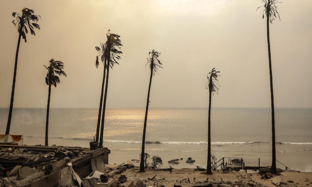 Los restos de casas destruidas por el incendio forestal de Palisades en una playa de Malibú, California, EE.UU., el 8 de enero de 2025. EFE/EPA/Allison Dinner