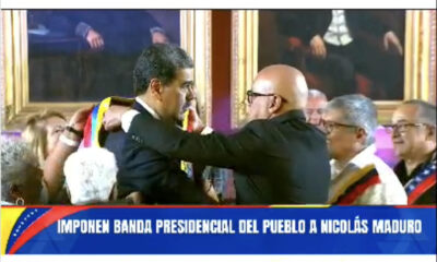 Captura de pantalla tomada de la cuenta oficial en Instagram del presidente de Venezuela Nicolás Maduro, @nicolasmaduro, de Nicolás Maduro (i) recibiendo la banda presidencial del presidente la Asamblea Nacional, Jorge Rodríguez, este 10 de enero de 2025, en Caracas (Venezuela). EFE/ @nicolasmaduro