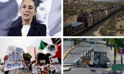 Combo de fotografías de archivo de izquierda-arriba, la presidenta de México, Claudia Sheinbaum; migrantes viajando en el techo de un tren conocido como "La Bestia"; personas protestando contra la reforma judicial; y vehículos calcinados tras enfrentamientos entre fuerzas federales y grupos armados, en diferentes eventos en México. EFE/Sáshenka Gutiérrez/Luis Torres/José Méndez/Juan Carlos Cruz