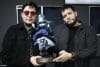 Los cofundadores de la casa productora Cinema Fantasma, Roy Ambriz (i) y Arturo Ambriz (d) posan con una figura del personaje de la película 'Soy Frankelda' este lunes, en Ciudad de México (México). EFE/ José Méndez
