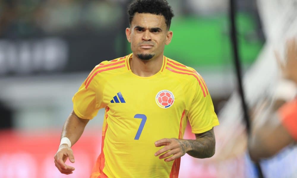 Luis Díaz, de Colombia, celebra un gol en un amistoso ante México en el estadio AT&T en Arlington (EE.UU.). EFE/Carlos Ramírez