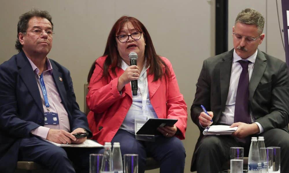 La representante del Colectivo de Abogados José Alvear Restrepo (Cajar), Soraya Gutiérrez (c), habla durante la clausura del 42 congreso de la Federación Internacional por los Derechos Humanos (FIDH) este martes, en Bogotá (Colombia). EFE/ Carlos Ortega