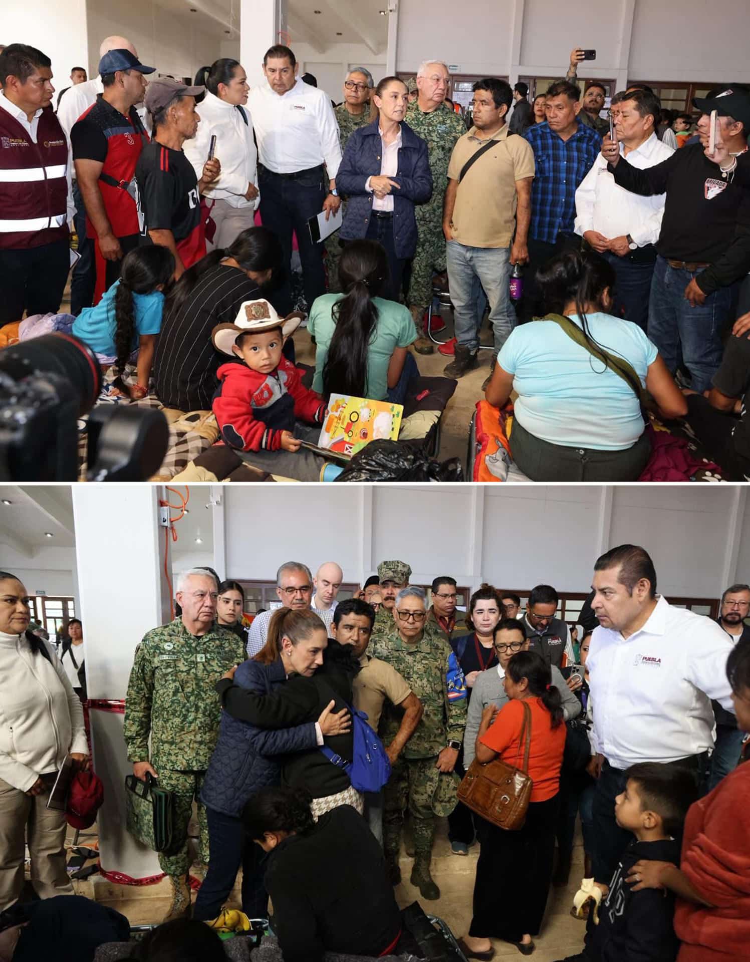 Combo de fotografías cedidas este domingo por la presidencia de México donde se observa a la mandataria mexicana, Claudia Sheinbaum (c), visitando a las familias afectadas por las lluvias en el municipio de Huachinango, en Puebla (México). EFE/ Presidencia de México /SOLO USO EDITORIAL/NO VENTAS/SOLO DISPONIBLE PARA ILUSTRAR LA NOTICIA QUE ACOMPAÑA (CRÉDITO OBLIGATORIO)