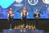 De izquierda a derecha, Galiena Álvarez, Gloriana Sánchez y Luisa Velásquez, medallistas de la gimnasia rítmica femenina en la modalidad de aro, este sábado en los XII Juegos Centroamericanos que se cumplen en Ciudad de Guatemala. EFE/ Alex Cruz