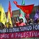Personas protestan por la liberación de la Flotilla Global Sumud, que se dirigía a Gaza con ayuda humanitaria, este jueves en Brasilia (Brasil). EFE/ Andre Borges