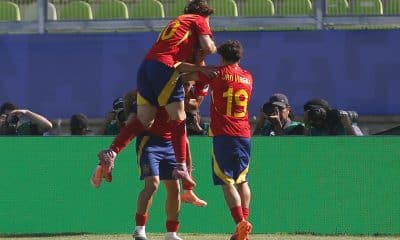 Jugadores de España celebran un gol en un partido de octavos de final de la Copa Mundial Sub-20. EFE/ Esteban Garay