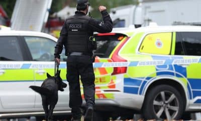 Policías con perros trabajan en la zona de Manchester donde se produjo el atentado ante una sinagoga. EFE/EPA/ADAM VAUGHAN