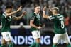 Bruno Fuchs (c), de Palmeiras, celebra un gol en el partido de vuelta por la semifinal de la Copa Libertadores ante Liga de Quito en el estadio Allianz Parque, en Sao Paulo (Brasil). EFE/Isaac Fontana