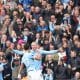 El delantero noruego Erling Haaland, del Manchester City, celebra 1-0 durante el partido de la Premier League que han jugado Manchester City FC y Everton FC en Manchester, Reino Unido. EFE/EPA/ADAM VAUGHAN