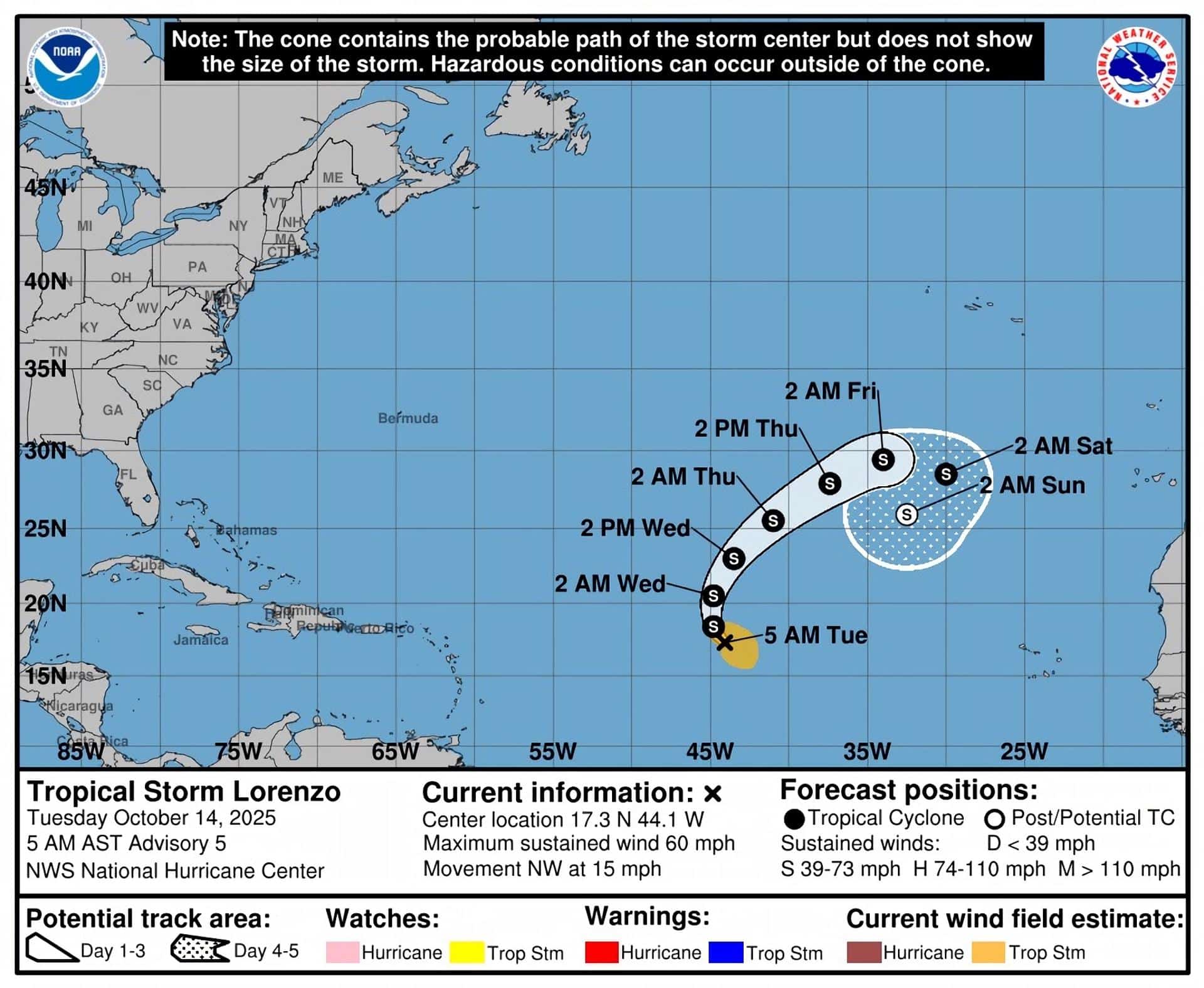 Imagen cedida este martes por la Oficina Nacional de Administración Oceánica y Atmosférica de Estados Unidos (NOAA), a través del Centro Nacional de Huracanes (NHC), donde se muestra el pronóstico de cinco días de la trayectoria de la tormenta tropical Lorenzo por el Atlántico. EFE/NOAA-NHC