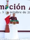 La presidenta de México Claudia Sheinbaum, participa durante la conmemoración de su primer año de gobierno este domingo, en el Zócalo de la Ciudad de México (México). EFE/Mario Guzmán
