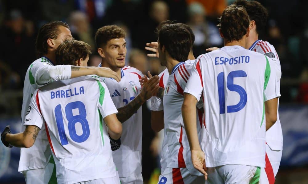 El jugador de Italia celebra un gol en la fase de clasificación al Mundial 2026, correspondiente el grupo I, que han juagdo Estonia e Italia en Tallín, Estonia. EFE/EPA/TOMS KALNINS