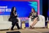 La artista italiana Laura Pausini (i) habla junto a la directora ejecutiva para contenido y programación latina de la revista Billboard, Leila Cobo (d) durante el segundo día de la Semana de la Música Latina de Billboard este martes, en el teatro The Fillmore de Miami Beach (Estados Unidos). EFE/ Pedro Pablo Cortés