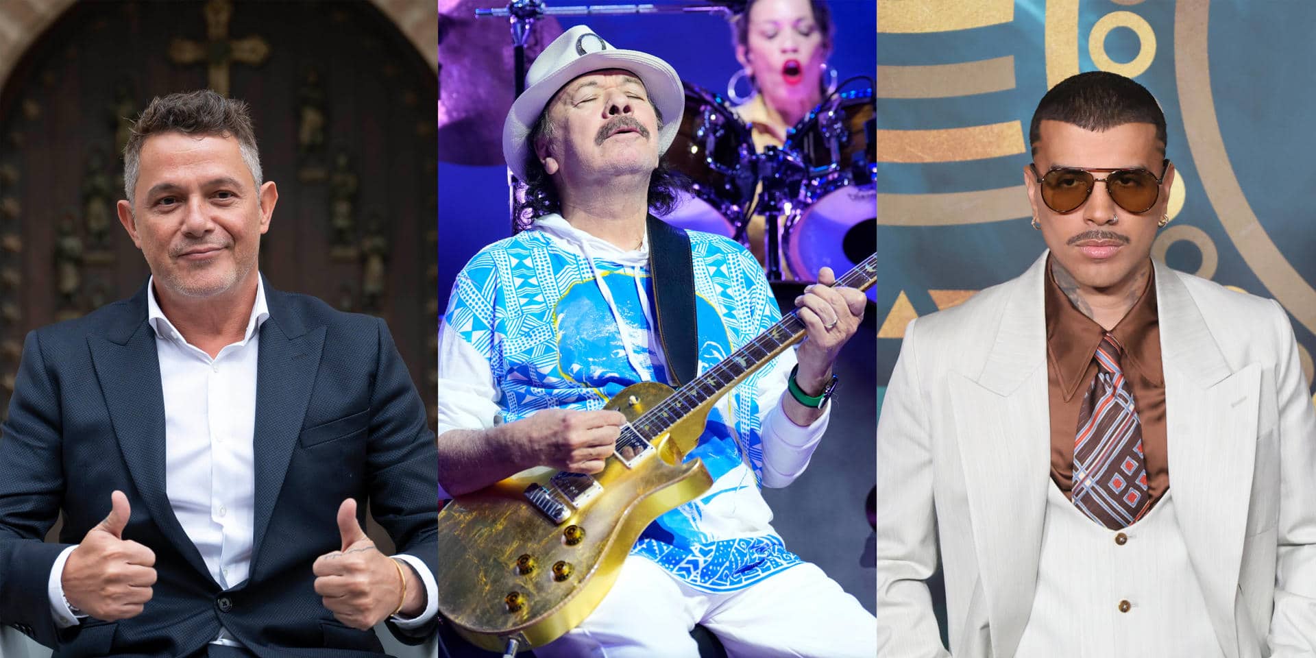 Combo de fotografías de archivo de los músicos Alejandro Sanz (i), Carlos Santana (c) y Rauw Alejandro. EFE/ Pedro Puente Hoyos/ Alejandro García/ Octavio Guzmán