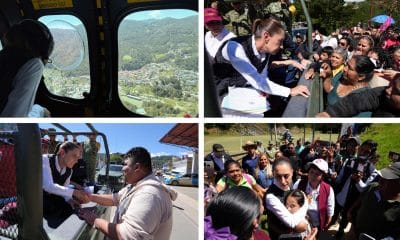 Combo de fotografías cedidas por la presidencia de México donde se observa a la mandataria mexicana, Claudia Sheinbaum, sobrevolando y dando atención cercana a familias afectadas por las lluvias en la comunidad Pinal de Amoles, en Querétaro (México). EFE/Presidencia de México/SOLO USO EDITORIAL/NO VENTAS/SOLO DISPONIBLE PARA ILUSTRAR LA NOTICIA QUE ACOMPAÑA (CRÉDITO OBLIGATORIO)