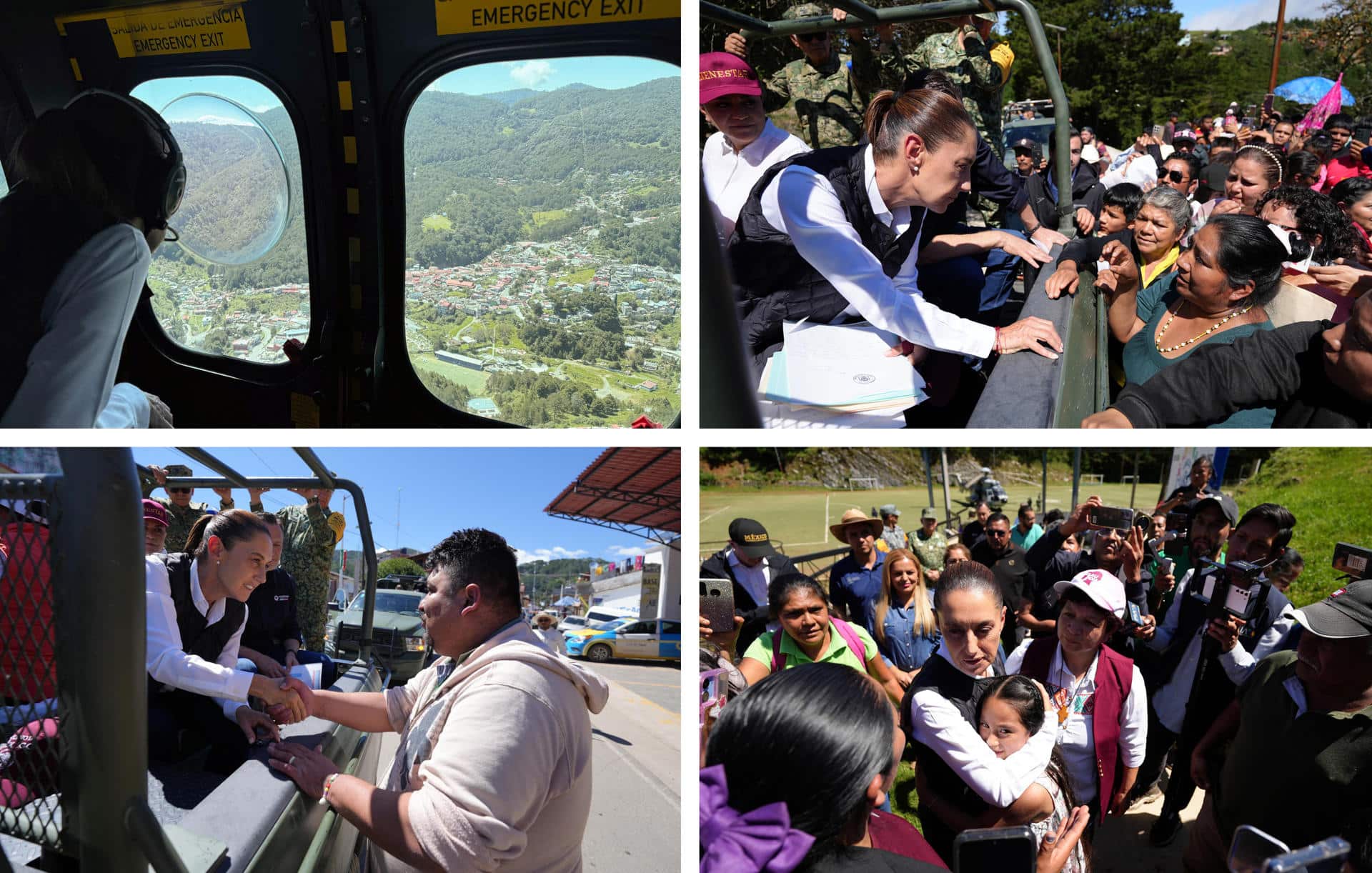 Combo de fotografías cedidas por la presidencia de México donde se observa a la mandataria mexicana, Claudia Sheinbaum, sobrevolando y dando atención cercana a familias afectadas por las lluvias en la comunidad Pinal de Amoles, en Querétaro (México). EFE/Presidencia de México/SOLO USO EDITORIAL/NO VENTAS/SOLO DISPONIBLE PARA ILUSTRAR LA NOTICIA QUE ACOMPAÑA (CRÉDITO OBLIGATORIO)
