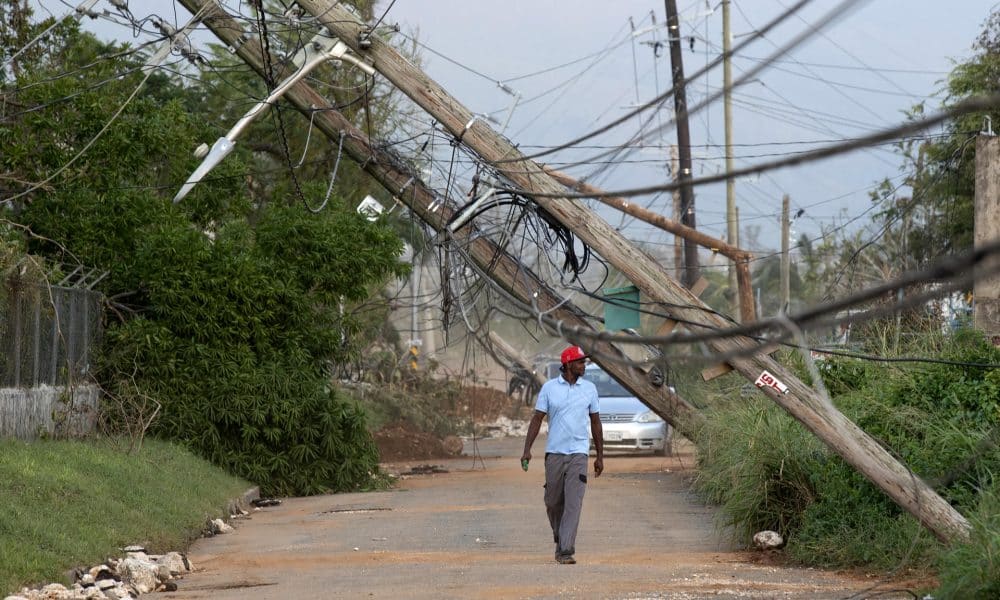 Una hombre fue captado este 30 de octubre al caminar bajo varios postes del tendido eléctrico derribados por el huracán Melissa en Santa Cruz (Jamaica). EFE/Orlando Barría
