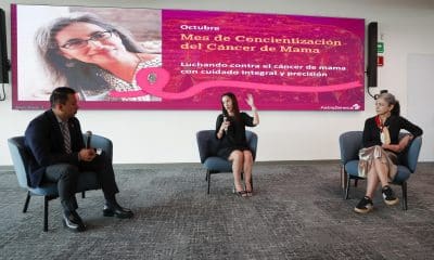 Desde la izquierda, el líder del Área Terapéutica de Oncología en AstraZeneca, Ramses Hernández; la oncóloga médica e investigadora en el Instituto Nacional de Ciencias Médicas y Nutrición Salvador Zubirán, Yanin Chávarri y la directora de la Fundación Rebecca de Alba, Miryana Pérez, participan en una rueda de prensa, este jueves en Ciudad de México (México). EFE/ Isaac Esquivel