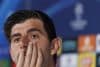 El portero del Real Madrid Thibaut Courtois en rueda de prensa tras el entrenamiento del equipo en la Ciudad Deportiva de Valdebebas previo su partido de Liga de Campeones contra la Juventus de Turín. EFE/Sergio Pérez