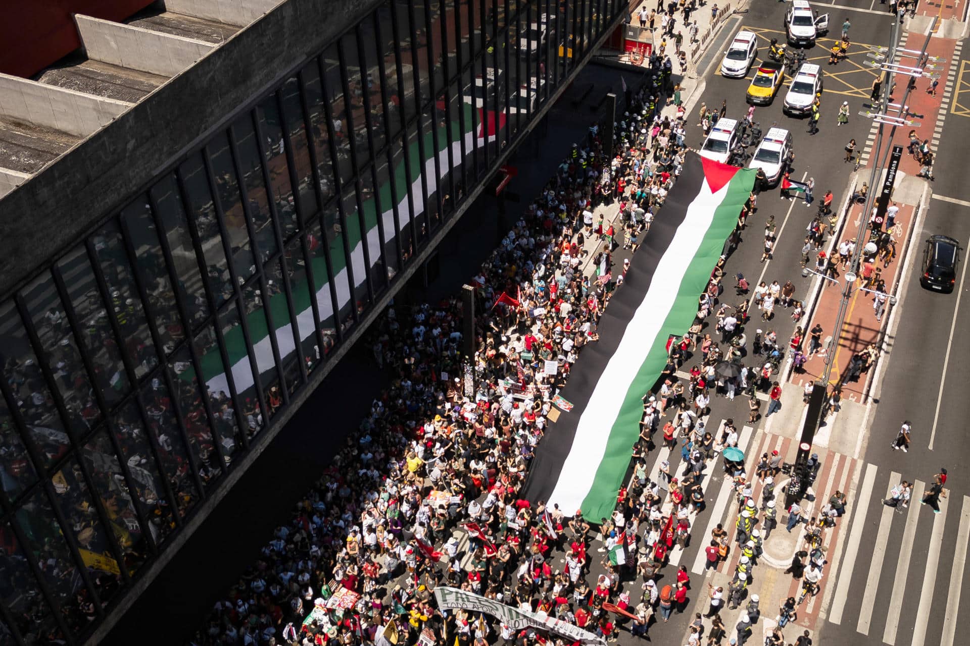 Personas se manifiestan durante una marcha para pedir el fin de la ofensiva israelí en Gaza este domingo, en la Avenida Paulista en São Paulo (Brasil). EFE/Isaac Fontana