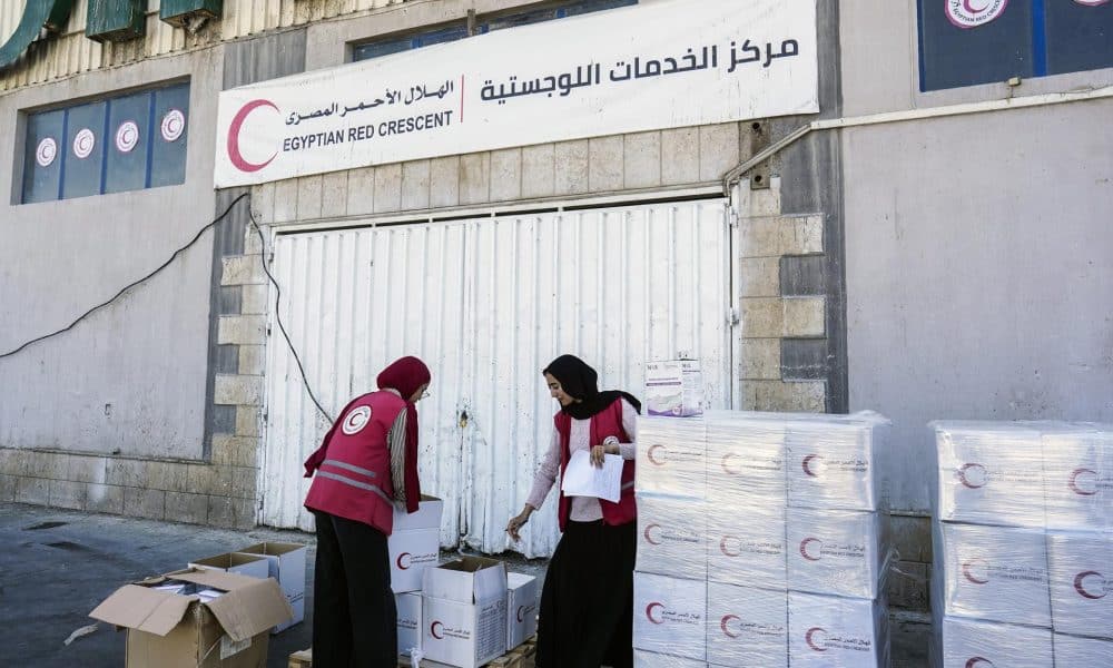 Fotografía del 16 de octubre de voluntarios de la Media Luna Roja preparando ayuda humanitaria para la Franja de Gaza en un centro logístico de la Media Luna Roja Egipcia (ERC) en Arish, en la gobernación del Sinaí del Norte, Egipto. EFE/EPA/STRINGER