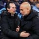 Los entrenadores del Manchester City Pep Guardiola y del Aston Villa Unai Emery. EFE/EPA/ADAM VAUGHAN
