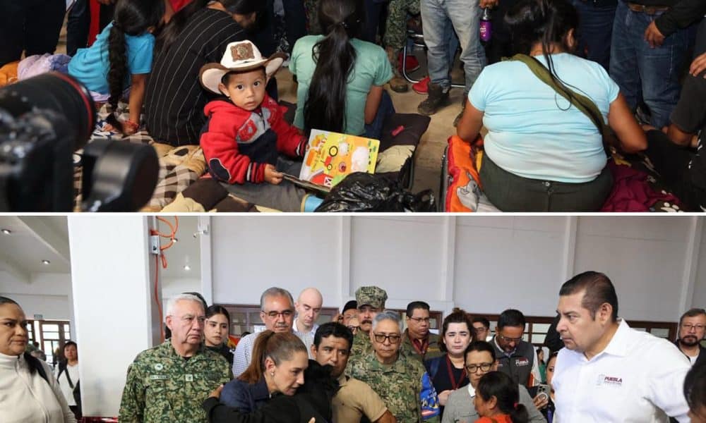Combo de fotografías cedidas este domingo por la presidencia de México donde se observa a la mandataria mexicana, Claudia Sheinbaum (c), visitando a las familias afectadas por las lluvias en el municipio de Huachinango, en Puebla (México). EFE/ Presidencia de México