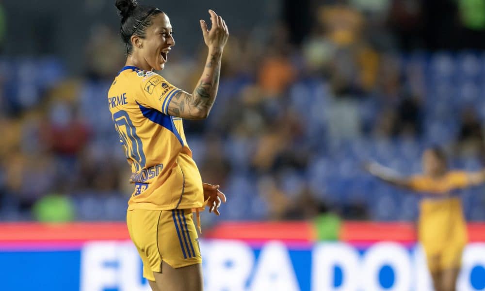 Jennifer Hermoso de Tigres celebra un gol durante un partido de la Liga Femenil MX. Imagen de archivo. EFE/ Miguel Sierra