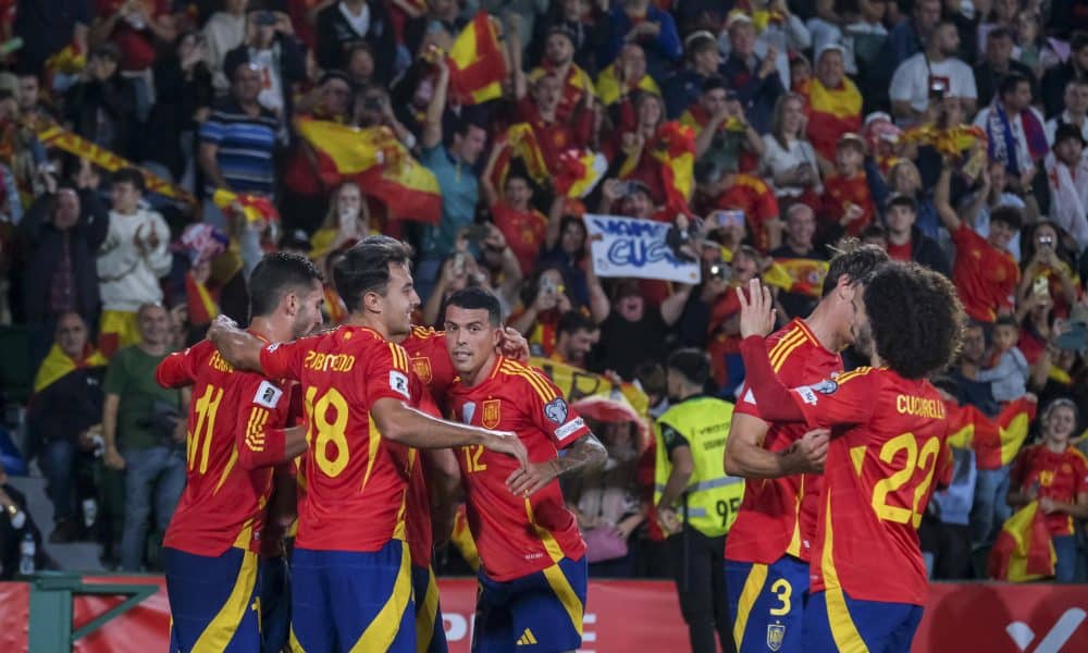Los jugadores de España celebran uno de los goles en el partido de fútbol de la fase de clasificación para el Mundial que los combinados nacionales de España y Georgia disputaron en el estadio Martínez Valero de Elche. EFE / Pablo Miranzo.
