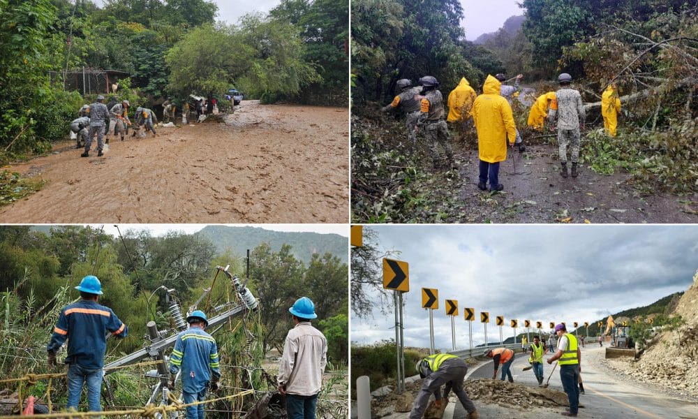Combo de fotografías cedidas este sábado por Protección Civil, donde se observa a integrantes del Ejercito Mexicano y Brigadas de salvamento, realizando trabajos de ayuda a damnificados y afectaciones en carreteras y zonas rurales en diferentes estados afectados por las fuertes lluvias en México. EFE/ Protección Civil /SOLO USO EDITORIAL/NO VENTAS/SOLO DISPONIBLE PARA ILUSTRAR LA NOTICIA QUE ACOMPAÑA (CRÉDITO OBLIGATORIO)