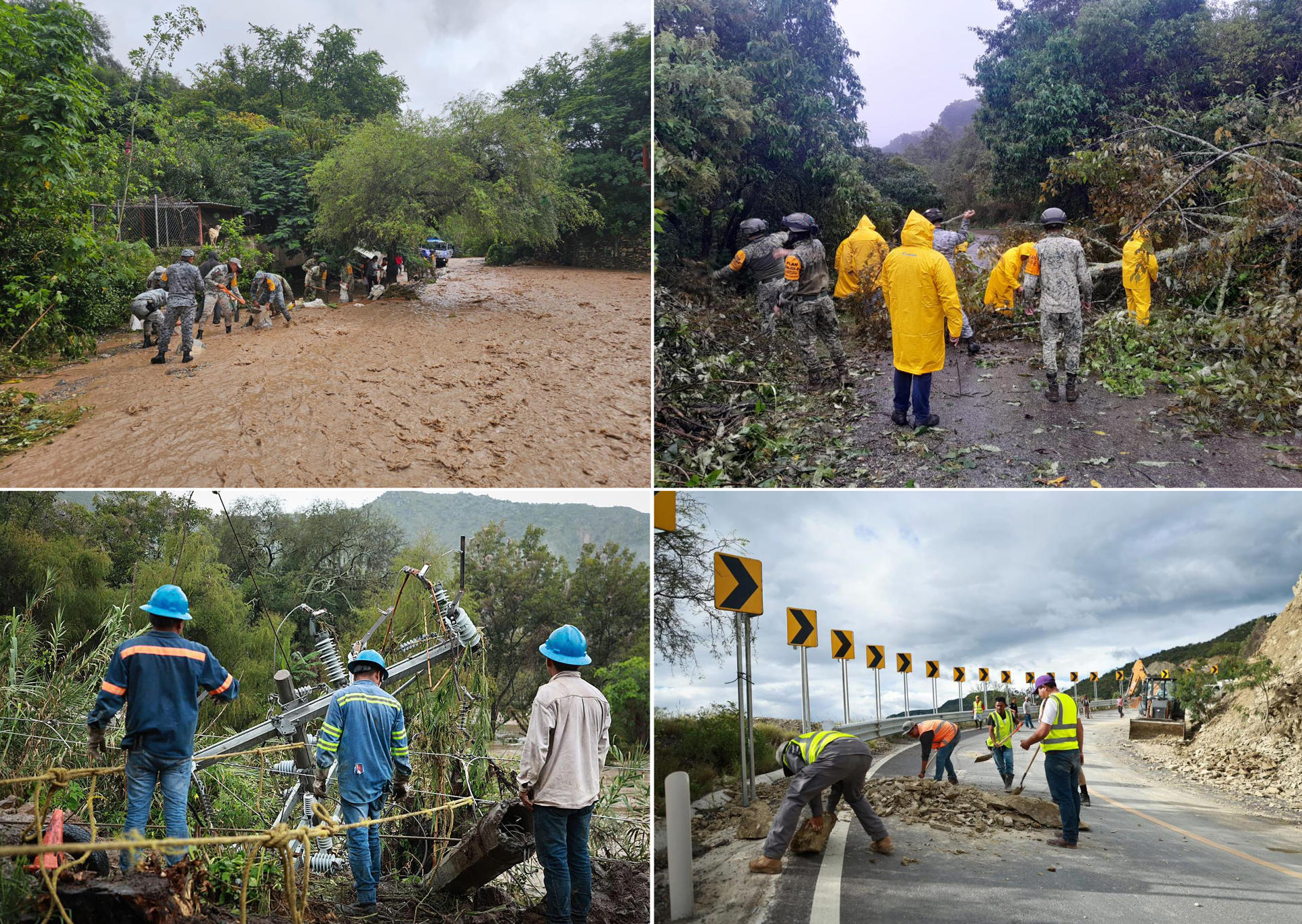 Combo de fotografías cedidas este sábado por Protección Civil, donde se observa a integrantes del Ejercito Mexicano y Brigadas de salvamento, realizando trabajos de ayuda a damnificados y afectaciones en carreteras y zonas rurales en diferentes estados afectados por las fuertes lluvias en México. EFE/ Protección Civil /SOLO USO EDITORIAL/NO VENTAS/SOLO DISPONIBLE PARA ILUSTRAR LA NOTICIA QUE ACOMPAÑA (CRÉDITO OBLIGATORIO)