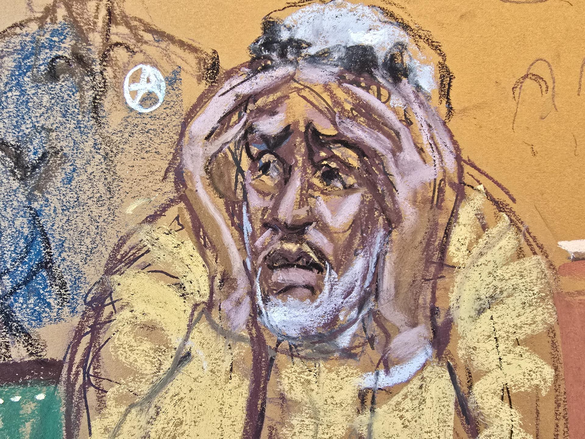 Fotografía de un dibujo realizado por la artista Jane Rosenberg donde aparece Sean Combs 'Diddy' mientras uno de sus hijos rinde declaración durante su juicio este viernes, en un tribunal de Nueva York (EE.UU).  EFE/Jane Rosenberg