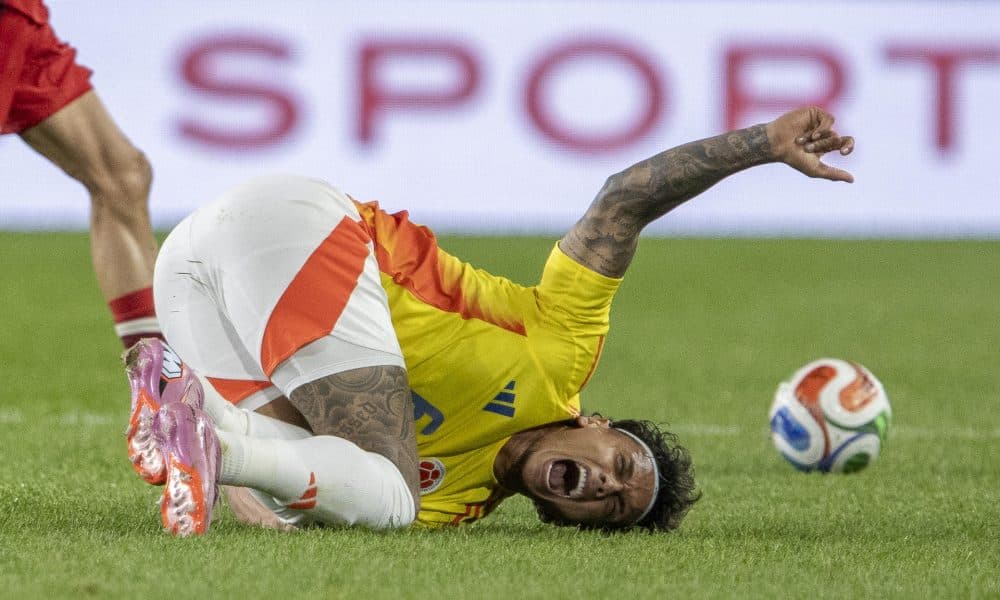 El mediocentro colombiano Richard Ríos se queja de una falta fuerte durante el partido amistoso con la selección de Canadá que terminó empatado 0-0 este martes en el estadio Red Bull Arena, en Nueva Jersey. EFE/ Ángel Colmenares