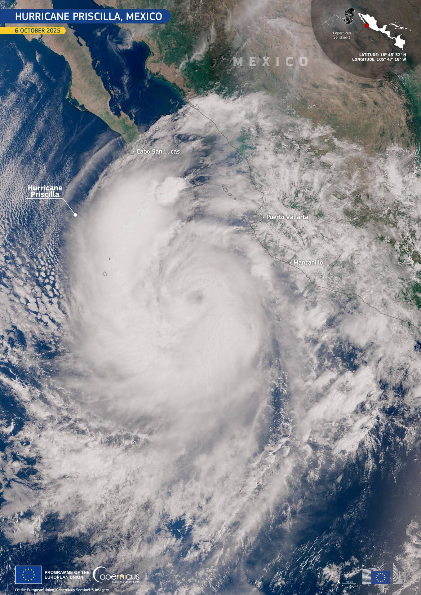 Imagen del Sentinel-3 de Copernicus que muestra al huracán Priscilla sobre México. EFE/ Unión Europea, Sentinel-3 De Copernicus SOLO USO EDITORIAL/SOLO DISPONIBLE PARA ILUSTRAR LA NOTICIA QUE ACOMPAÑA (CRÉDITO OBLIGATORIO)