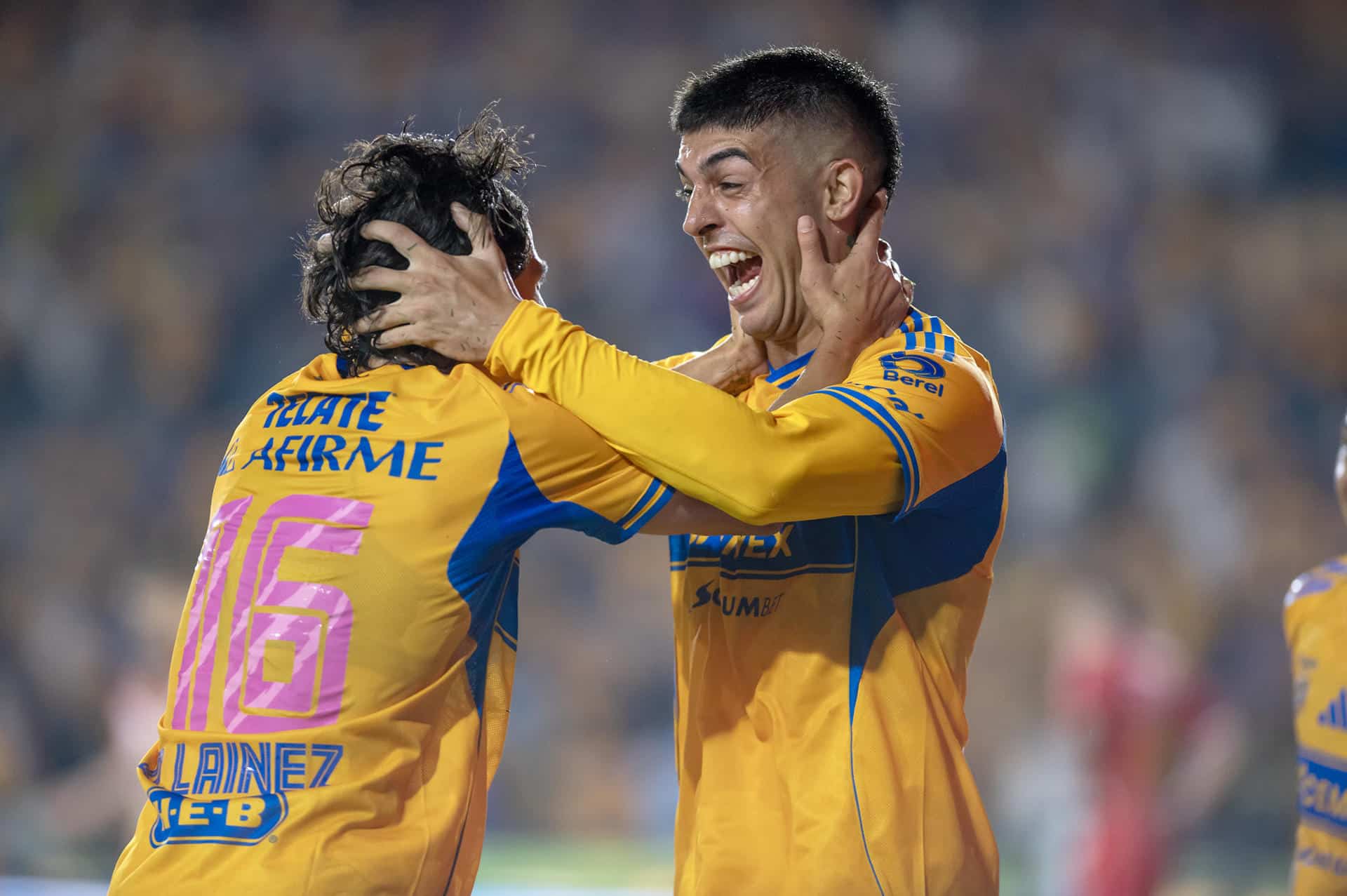 Juan Brunetta (d) y Diego Lainez (i) de Tigres celebran un gol este viernes, en un partido de la Liga MX entre Tigres y Necaxa en el estadio Universitario de la UANL, en San Nicolás de los Garza (México). EFE/ Miguel Sierra.