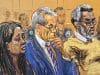 Fotografía de un dibujo realizado por la artista Jane Rosenberg donde aparece el rapero Sean Combs 'Diddy' (d) junto a sus abogados Nicole Westmoreland (i) y Brian Steel, durante el juicio realizado este viernes, en un tribunal de Nueva York (EE.UU.). EFE/Jane Rosenberg
