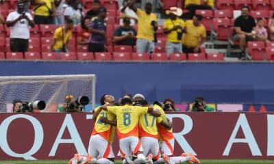 Jugadores de la selección sub-20 de Colombia celebran este sábado la conquista del tercer puesto del Mundial juvenil de Chile tras derrotar por 1-0 a la de Francia en el estadio Nacional Julio Martínez Prádanos, de Santiago. EFE/ Ailen Díaz