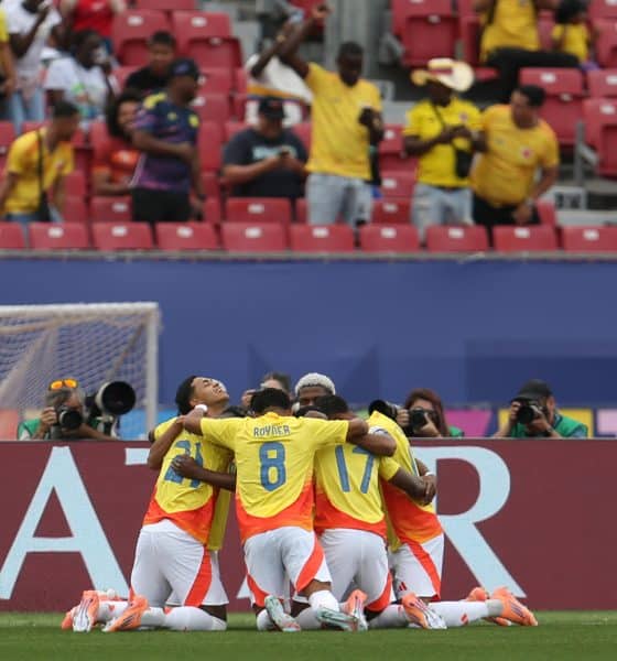 Jugadores de la selección sub-20 de Colombia celebran este sábado la conquista del tercer puesto del Mundial juvenil de Chile tras derrotar por 1-0 a la de Francia en el estadio Nacional Julio Martínez Prádanos, de Santiago. EFE/ Ailen Díaz