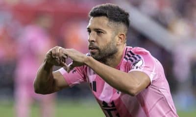 Fotografía de archivo del 19 de julio de 2025 del jugador Jordi Alba de Inter Miami celebrando un gol en un partido de la Major League Soccer entre New York Red Bulls e Inter Miami, en Nueva Jersey (EE.UU.). EFE/ Angel Colmenares