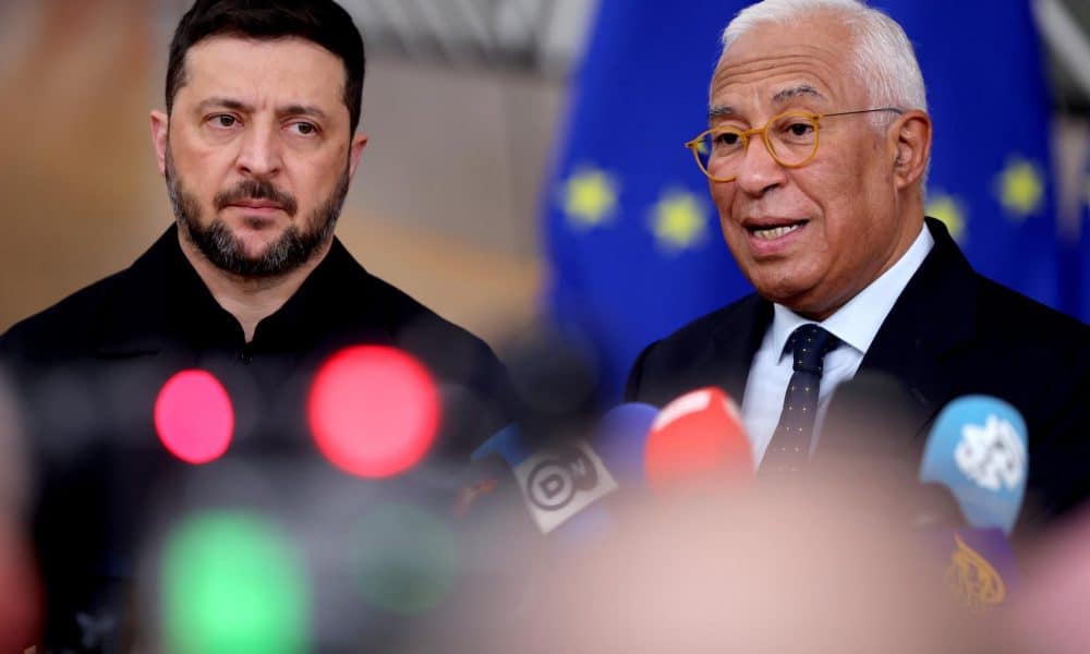 El presidente de Ucrania, Volodímir Zelenski (i) y el presidente del Consejo Europeo, António Costa (d), responden preguntas de los medios de comunicación al llegar al Consejo Europeo de este jueves en Bruselas. EFE/EPA/OLIVIER MATTHYS