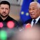 El presidente de Ucrania, Volodímir Zelenski (i) y el presidente del Consejo Europeo, António Costa (d), responden preguntas de los medios de comunicación al llegar al Consejo Europeo de este jueves en Bruselas. EFE/EPA/OLIVIER MATTHYS