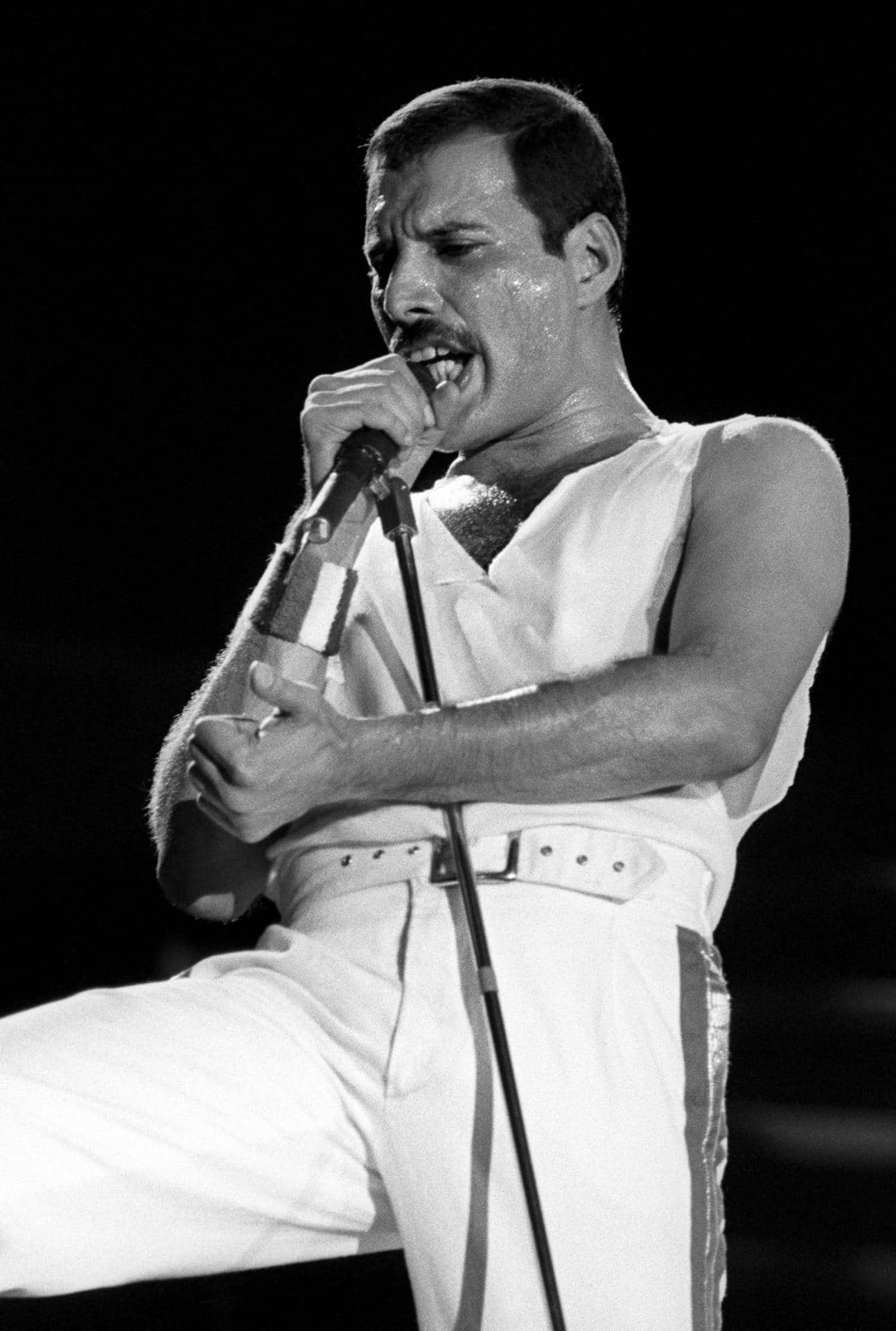El cantante británico Freddie Mercury, líder del grupo musical "Queen", durante su actuación en el Mini Estadi del F.C. Barcelona antes más de treinta mil personas. EFE/Archivo/Sergio Lainz.