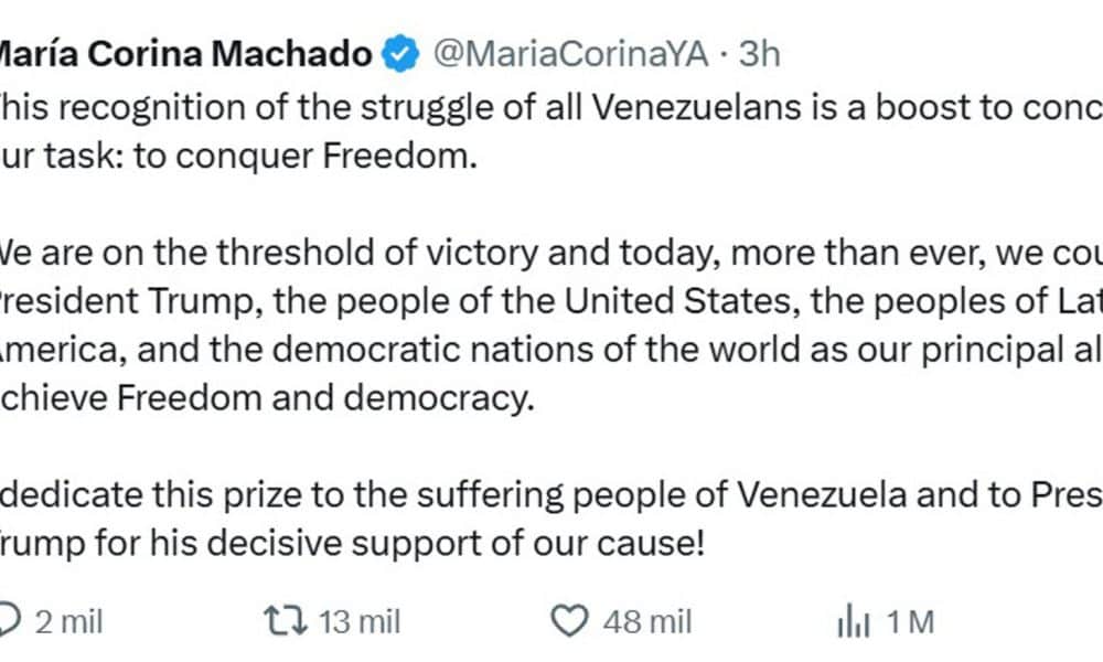 Captura de pantalla de la cuenta oficial en X @MariaCorinaYA de la líder opositora venezolana María Corina Machado, que muestra un mensaje relacionado al Premio Nobel de Paz. Machado dedicó este viernes, en un mensaje en inglés publicado en X, el Premio Nobel de la Paz 2025 al presidente de EE.UU., Donald Trump, por su apoyo a la causa de la oposición del país suramericano, que denuncia "fraude" en las presidenciales de julio del año pasado, en las que el ente electoral proclamó la victoria del mandatario Nicolás Maduro. EFE/ @mariacorinaya /SOLO USO EDITORIAL/ NO VENTAS/ SOLO DISPONIBLE PARA ILUSTRAR LA NOTICIA QUE ACOMPAÑA (CRÉDITO OBLIGATORIO)