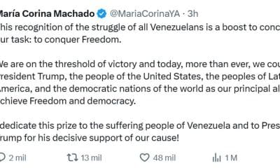 Captura de pantalla de la cuenta oficial en X @MariaCorinaYA de la líder opositora venezolana María Corina Machado, que muestra un mensaje relacionado al Premio Nobel de Paz. Machado dedicó este viernes, en un mensaje en inglés publicado en X, el Premio Nobel de la Paz 2025 al presidente de EE.UU., Donald Trump, por su apoyo a la causa de la oposición del país suramericano, que denuncia "fraude" en las presidenciales de julio del año pasado, en las que el ente electoral proclamó la victoria del mandatario Nicolás Maduro. EFE/ @mariacorinaya /SOLO USO EDITORIAL/ NO VENTAS/ SOLO DISPONIBLE PARA ILUSTRAR LA NOTICIA QUE ACOMPAÑA (CRÉDITO OBLIGATORIO)